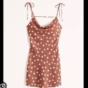 satin cowl neck mini dress in brown polka dot in XS petite